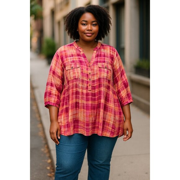 Avenue Womens Pink & Peach Abstract Printed Blouse 30/32 Button-Up Pocket Detail - Picture 14 of 15